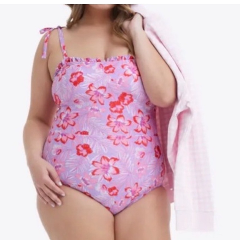 Draper James Womens 2X‎ Frill Top One Piece Swimsuit Purple Floral Scallop NEW